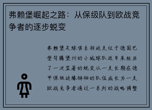 弗赖堡崛起之路：从保级队到欧战竞争者的逐步蜕变