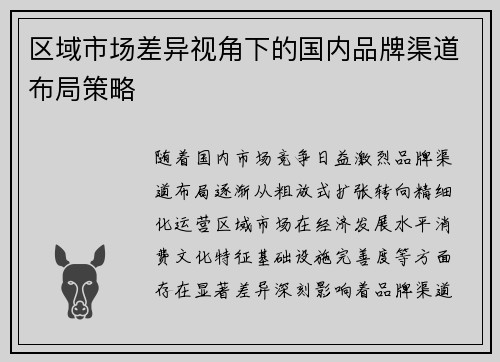 区域市场差异视角下的国内品牌渠道布局策略